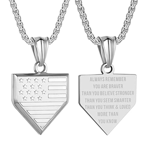 Silver Stay Brave home-plate necklace, American flag pendant