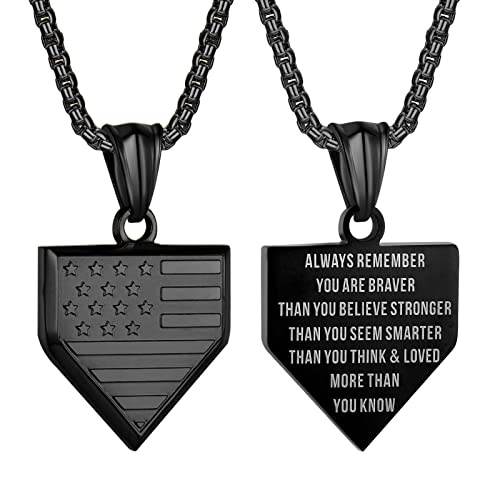 Black Stay Brave home-plate necklace, American flag pendant