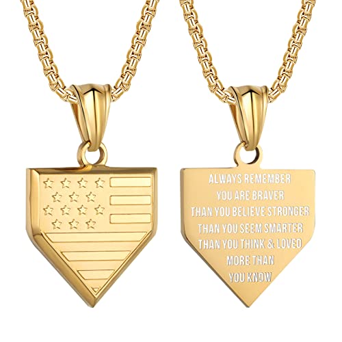 Gold Stay Brave home-plate necklace, American flag pendant